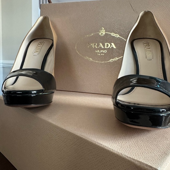 Prada Black and Cream Peep-Toe Heels - Picture 5 of 6